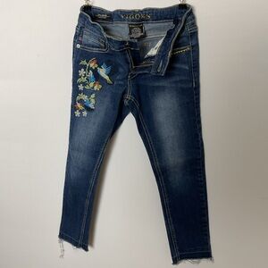 Vigoss Dark Blue Cropped Jeans with Floral & Bird Embroidery